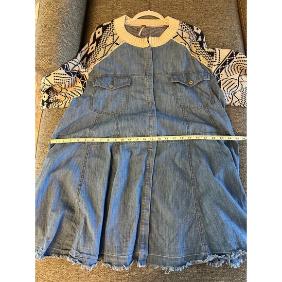 Free People Dominic Denim Mini Dress Knit Sweater Sleeves Button Down size L EUC - Picture 11 of 13